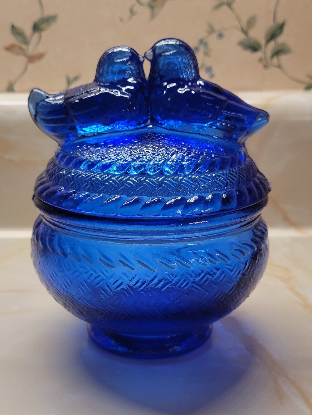 Vintage Cobalt Blue Glass Kissing Birds Lidded Dish c1950's